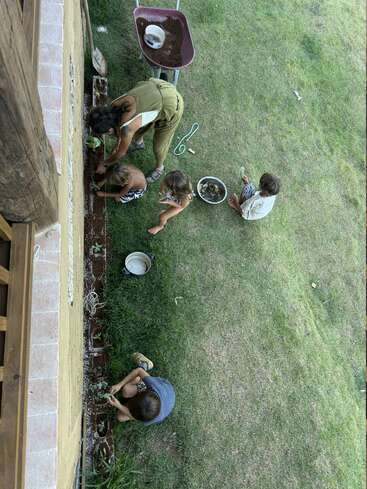 Una mujer y cuatro niños están trabajando en el jardín junto a una casa, plantando en un parterre. Por el jardín cubierto de césped hay herramientas, una carretilla y unos cuencos esparcidos por todas partes.