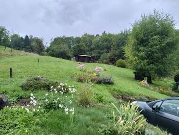 A lush green hillside with wildflowers, trees, and two wooden sheds under a cloudy sky. A black car is parked in the lower right corner.