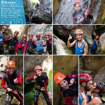 The image is a collage of photos showcasing people participating in canyoning, with a blue banner in the top left corner providing information about the activity.