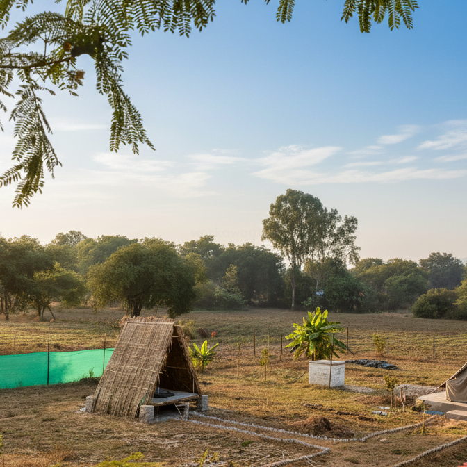 Eine schöne ländliche Szene mit einer kleinen strohgedeckten Hütte, grünen Bäumen, verstreuten Pflanzen, offenen Feldern, einem klaren blauen Himmel und Sonnenlicht, das die friedliche Landschaft erhellt.
