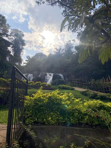 Das Sonnenlicht fällt durch die belaubten Äste und beleuchtet die leuchtend grünen Sträucher. Im Hintergrund plätschert ein friedlicher Wasserfall, eingerahmt von rustikalen Zäunen, ruhigen Wegen und einem klaren, blauen Himmel.
