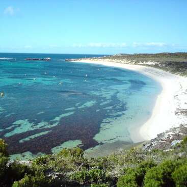 The image depicts a serene beach scene with a white sand shoreline, clear blue water, and a lush green landscape under a bright blue sky on a sunny day.