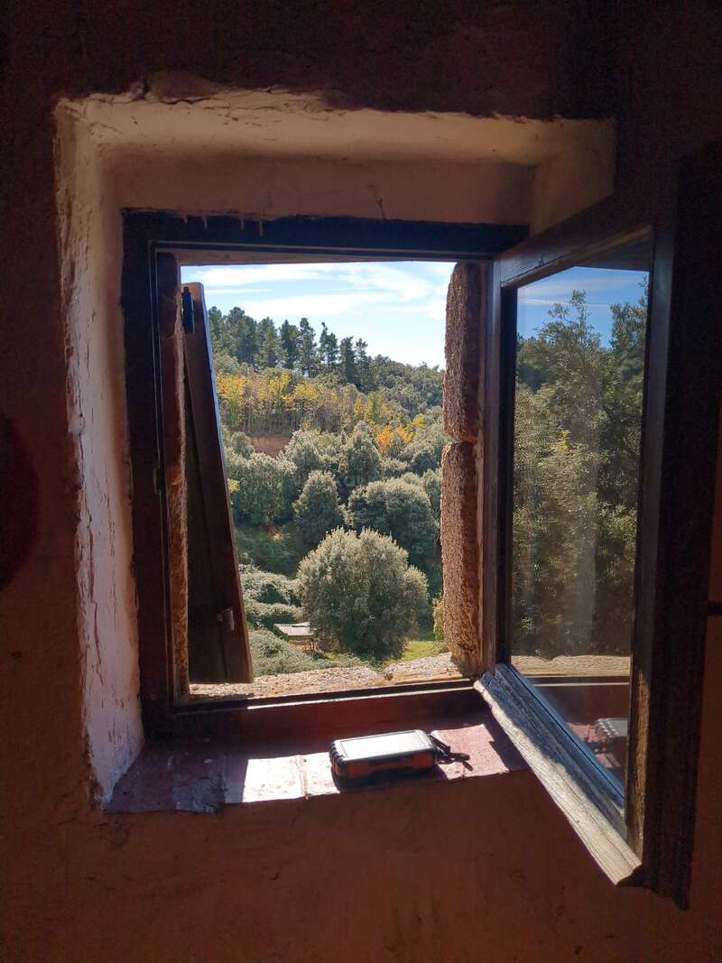 La luz del sol entra por una ventana rústica abierta, iluminando un aparato en el alféizar. Árboles frondosos y verdes y un cielo azul enmarcan una apacible escena campestre.