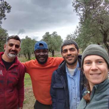 Cuatro amigos están muy juntos, sonriendo para hacerse un selfie al aire libre. Los olivos y el cielo nublado forman el fondo, sugiriendo una reunión casual y alegre en la naturaleza.
