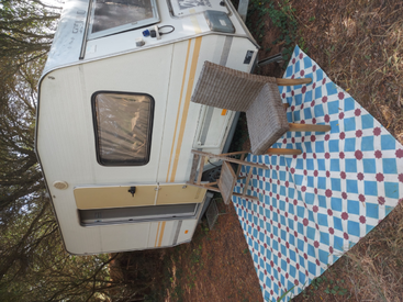 L'image représente un camping-car blanc garé sur l'herbe, avec un tapis à carreaux bleus et rouges et deux chaises en osier à l'extérieur, entouré d'arbres et de feuillage.