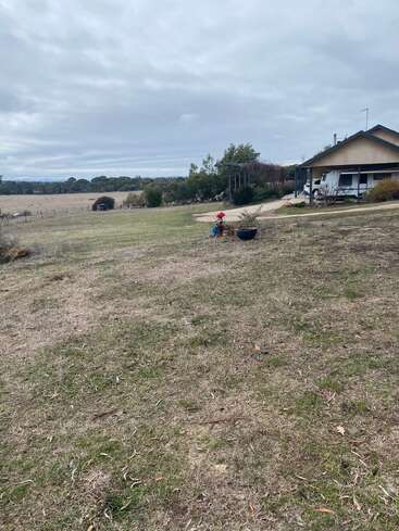 Ein bewölkter Himmel bedeckt eine ländliche Landschaft mit trockenem Gras, einem Landhaus, einem Kind mit rotem Hut in der Nähe eines Topfes und weiten, offenen Feldern in der Ferne.