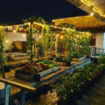 A cozy nighttime garden scene with raised vegetable beds, colorful pennant banners, warm string lights, and lush greenery, creating a festive and enchanting atmosphere outdoors.