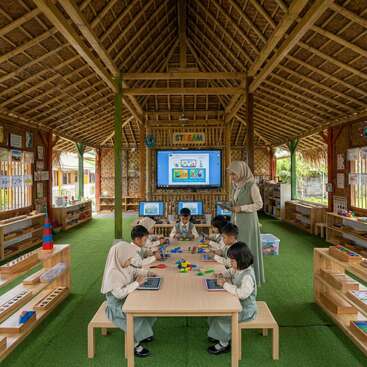 In a bamboo classroom, young children engage with educational tablets and blocks. A teacher supervises, and the room is bright, open, filled with creative displays.