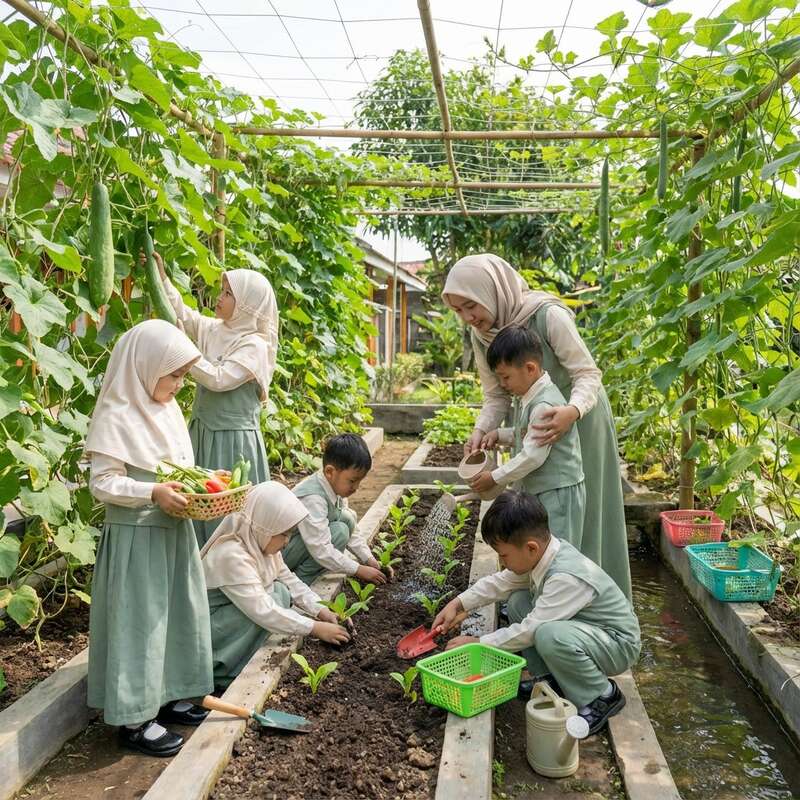 A group of children and a woman in matching outfits enjoy gardening together, picking vegetables, planting seedlings, and watering plants in a lush green vegetable garden.