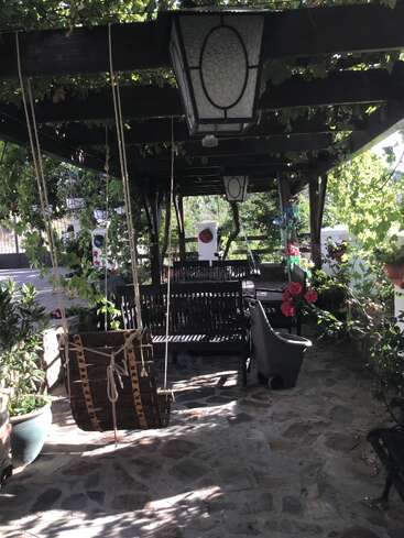 L'image représente un patio extérieur serein, avec une balançoire, des plantes en pot et un sol en pierre, entouré d'une végétation luxuriante et d'une pergola en bois avec des lanternes suspendues.