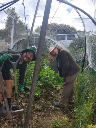 Deux personnes jardinent ensemble dans un enclos en filet. L'une tient une fourche en souriant, tandis que l'autre se penche. Des plantes vertes luxuriantes les entourent à l'extérieur.