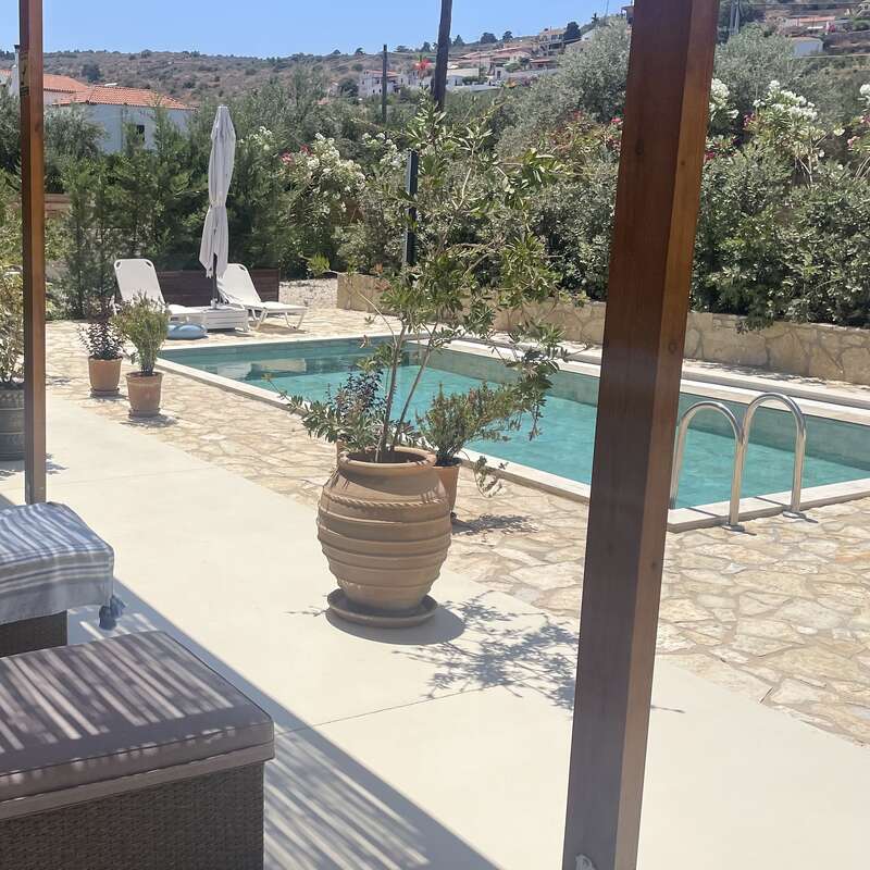 Eine ruhige Außenterrasse mit Topfpflanzen, einem rechteckigen Swimmingpool, Sonnenliegen und Sonnenschirm, umgeben von üppigem Grün und fernen Hügeln im Sonnenlicht.