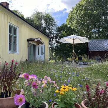 A charming yellow house with large windows sits beside a garden filled with colorful flowers, potted plants, wild grass, a white umbrella, and outdoor seating.