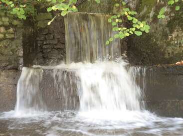 Uma pequena cachoeira cai suavemente sobre uma parede de pedra, cercada por folhas verdes e musgo, criando uma cena natural serena, tranquila e refrescante ao ar livre.