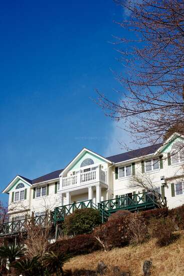 A large, beautiful house with green trim and a prominent balcony sits on a hillside, surrounded by trees and bushes under a clear, bright blue sky.