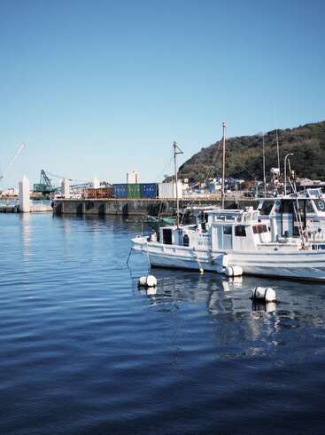 Two white fishing boats float peacefully on calm blue water. Behind them, a dock, colorful containers, industrial cranes, and a green hill under a clear sky.