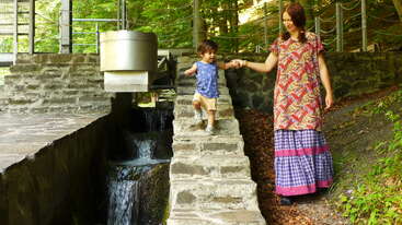 Uma mulher e uma criança, de mãos dadas, descem uma escadaria de pedra ao lado de uma pequena cachoeira, em uma área florestal verdejante. Ambas parecem felizes e relaxadas.
