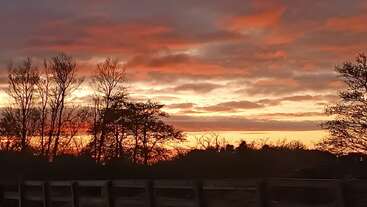 A breathtaking sunset fills the sky with vibrant orange and red hues. Silhouetted trees and a wooden fence create a serene rural landscape, peaceful and calm.