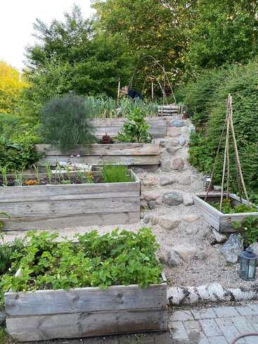 Ein terrassenförmiger Garten mit hölzernen Hochbeeten quillt über vor üppigem Grün, Kräutern und Gemüse. Steintreppen schlängeln sich nach oben, während oben eine Person die Pflanzen pflegt.