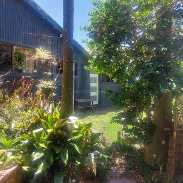 A peaceful garden with lush green plants, trees, and sunlight. A modern grey house with large windows and a white door is visible in the background.