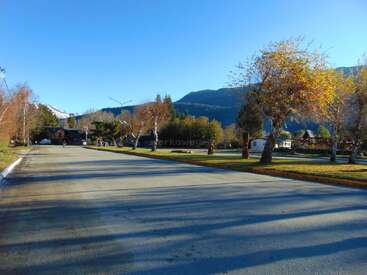 Une rue de banlieue tranquille avec des arbres nus et feuillus, un arrière-plan montagneux, un ciel bleu clair et des maisons entourées de verdure. Des ombres s'étendent sur la route dans la lumière du matin.