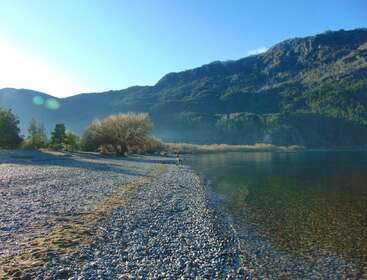 Un bord de lac paisible avec une eau claire, des galets sur la plage, des arbres épars et une personne seule. Des montagnes s'élèvent majestueusement sous un ciel bleu clair.