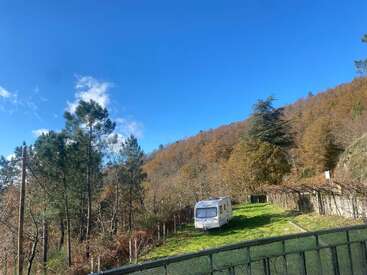 A white caravan sits on green grass, surrounded by a metal fence, trees, and a forested hillside under a bright blue sky with some clouds.