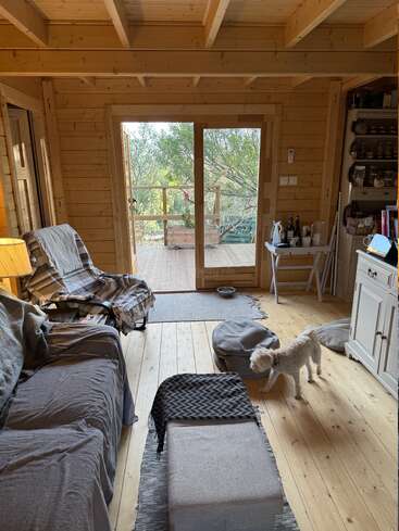A imagem mostra uma sala de estar aconchegante com um cachorro, com um sofá, uma cadeira e pisos de madeira, com uma porta de vidro deslizante que leva a um deck e árvores do lado de fora.