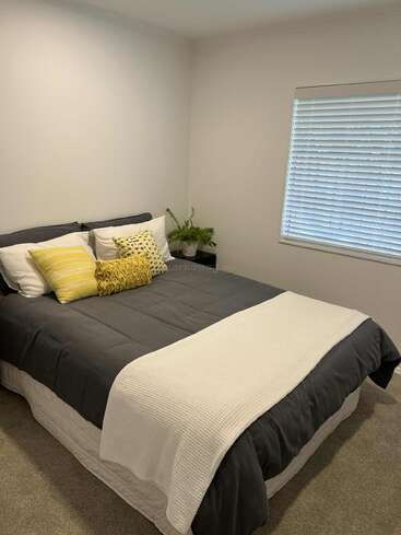 A cozy bedroom with a neatly made bed featuring dark gray and white bedding, assorted yellow pillows, a potted plant, carpet, and window blinds. Minimalist decor.