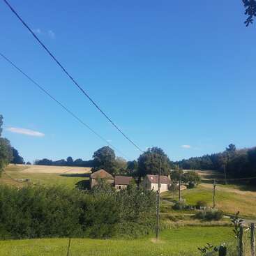Un paisaje rural con casas, campos verdes, árboles y un cielo azul y despejado. Las líneas eléctricas se extienden a lo largo de la escena, creando un ambiente campestre tranquilo y soleado.
