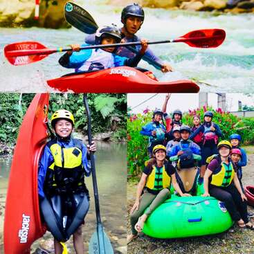 The collage shows people enjoying kayaking and rafting, wearing helmets and life jackets, paddling in rivers, and posing happily together outdoors with their equipment.