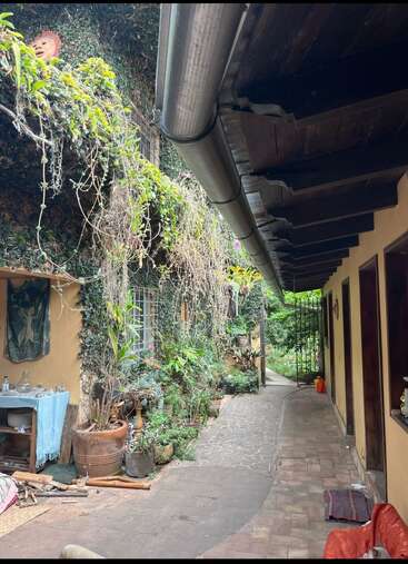 The image depicts a serene courtyard with a stone pathway, lush greenery, and a charming building adorned with vines and plants, exuding a sense of tranquility.