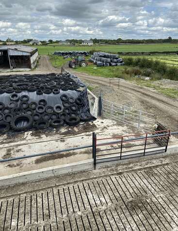A rural farm scene shows silage covered with tires, a tractor, stacks of wrapped bales, sheds, green fields, metal gates, and a cloudy sky above.