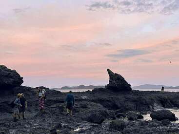 Cuatro personas exploran un terreno oscuro y rocoso junto al océano al atardecer. El cielo es rosa pastel y morado, con montañas a lo lejos y un ambiente sereno.