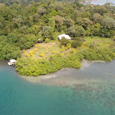 L'image représente une île tropicale sereine avec une végétation luxuriante, une maison blanche et un quai, le tout entouré d'une eau bleue cristalline.
