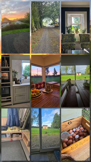 Diese Collage zeigt ein gemütliches Haus auf dem Land: schöne Aussichten, Gärten, gemütliche Innenräume, eine Katze, frische Eier zum Verkauf, einladende Zimmer, eine Küche und ein ruhiger Außenbereich.