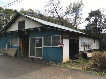A imagem mostra uma casa pequena e desgastada com um telhado inclinado, com exterior azul e branco, cercada por árvores e uma estrada pavimentada na frente.