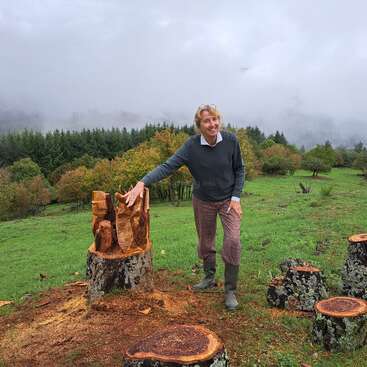 Una persona sonriente se encuentra al aire libre en un día brumoso, tocando un tocón de árbol tallado en un frondoso campo verde rodeado de árboles y colinas neblinosas.