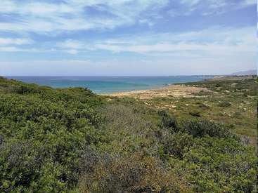 Das Bild zeigt eine ruhige Küstenlandschaft mit viel Grün, einem Sandstrand und einem ruhigen Gewässer unter einem blauen Himmel mit Wolkenfetzen.