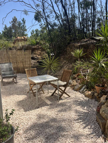 Un acogedor patio exterior con una mesita, dos sillas de madera, una tumbona, suelo de grava, plantas en macetas y árboles, en un jardín soleado.