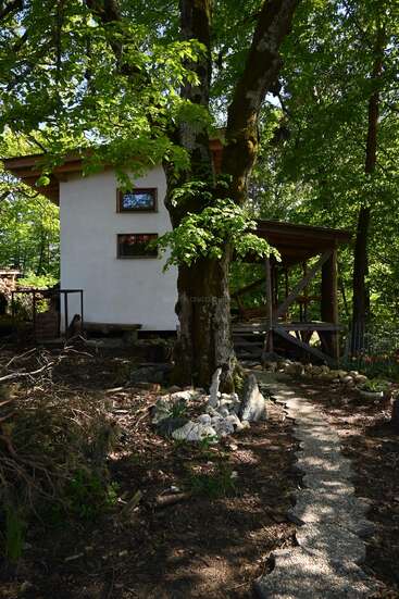 Une petite maison blanche se niche au pied de grands arbres, au milieu d'un écrin de verdure. Un chemin de pierre mène au porche. Les rayons du soleil qui filtrent à travers les feuilles créent une atmosphère paisible et naturelle.