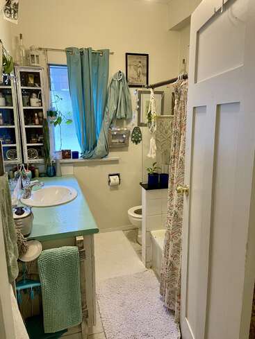 This bathroom features light blue accents, green plants, a patterned shower curtain, a vintage cabinet, wall art, and cozy textiles for a charming, lived-in atmosphere.