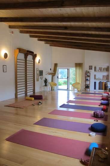 Un studio de yoga serein, avec un parquet, des tapis colorés, des coussins de yoga, la lumière naturelle qui pénètre par de grandes fenêtres, des sièges confortables, des décorations murales et des étagères, créant ainsi une atmosphère paisible et accueillante.