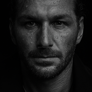 Um retrato em close de um homem com pele úmida, cabelos escuros e barba. Seus olhos intensos transmitem emoção. A imagem é em preto e branco.