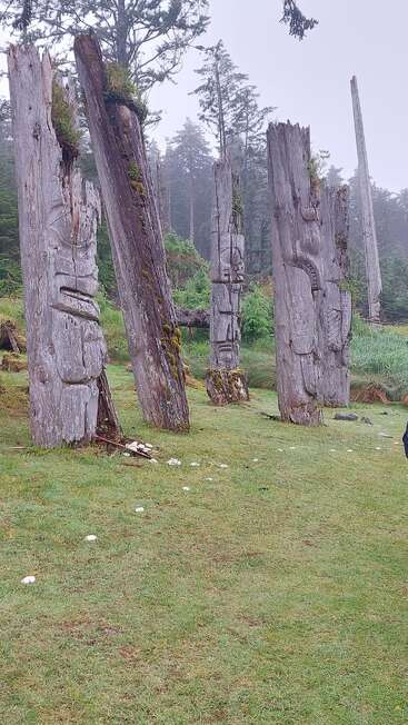 The image depicts a serene grassy area with several weathered wooden totem poles, surrounded by trees and foliage, evoking a sense of natural beauty and tranquility.