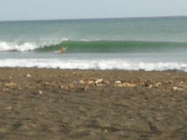 The image depicts a beach scene with a blurry view of the ocean, featuring a wave breaking in the distance and a sandy shore with scattered debris.