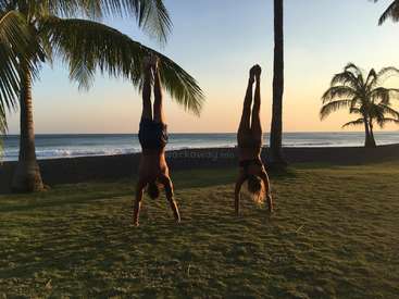 Two people doing handstands on grass near the ocean, with palm trees in the background, and a sunset sky. The atmosphere is fun and playful.