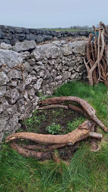 Um muro de pedra seca ergue-se em meio à grama verde. Galhos de árvores em forma circular estão dispostos no chão, com outros empilhados na vertical nas proximidades, criando uma cena rústica e campestre.