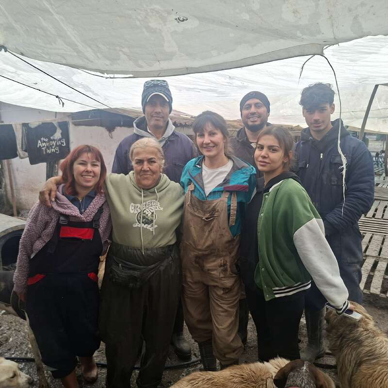 A group of seven people pose together under a tarp, smiling warmly. They appear to be on a farm, dressed in casual outdoor clothing, with dogs nearby.