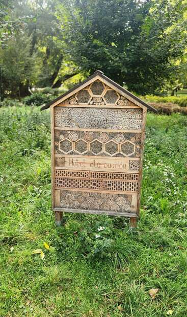 Cette image montre un hôtel à insectes en bois dans un parc verdoyant. L'hôtel est composé de compartiments remplis de matériaux naturels, ce qui favorise la biodiversité et offre un abri aux insectes utiles.